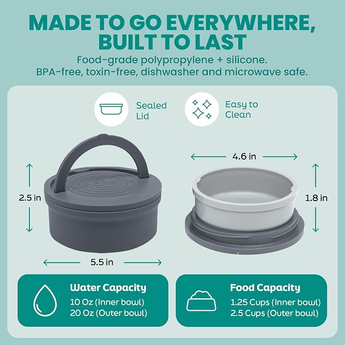 KindTail Dog Travel Bowls, Set of 2, with Lid & Handle