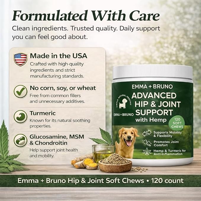 Emma + Bruno Hip & Joint Soft Chews for Dogs – Mobility Support with Glucosamine, MSM & Chondroitin, Hemp Seed Oil – Duck Flavor – 120 Soft Chews