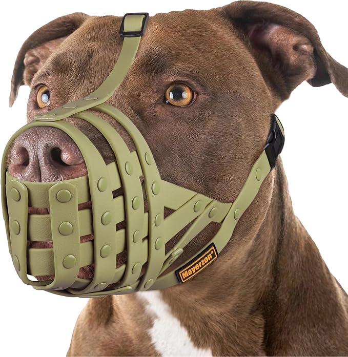 Pitbull Dog Muzzle for Large Medium Dogs Prevent Biting Scavenging | Fits Rottweiler Amstaff Broad-nosed Breed, Sturdy Breathable Basket, Training Walking Use, Allows to Drink | Green, L
