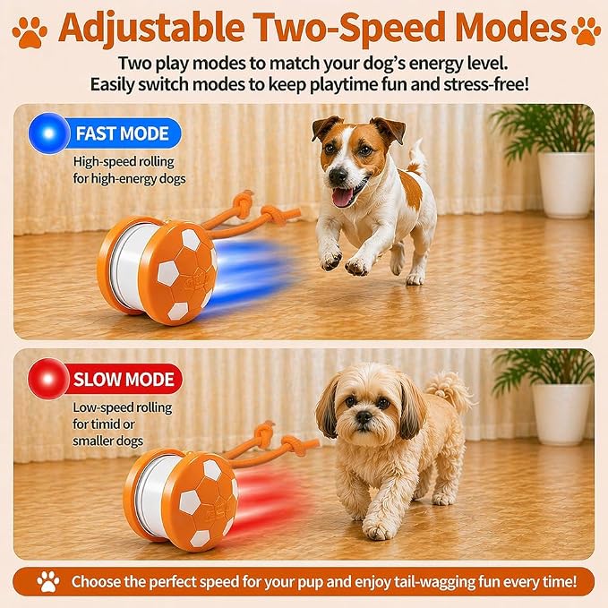 Smart Self Play Soccer Interactive Electric Automatic Moving Rolling Dog Chase Teaser Ball Toys with Rope Rechargeable Tough Durable Stimulation for Small Medium Large Dogs to Keep Busy