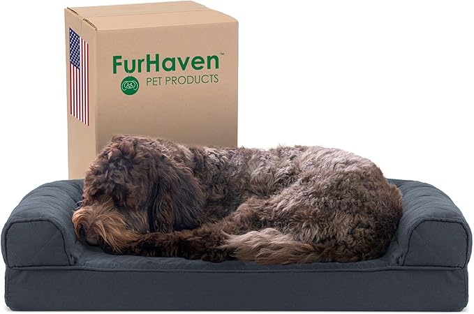 Furhaven Cooling Gel Dog Bed for Medium/Small Dogs w/ Removable Bolsters & Washable Cover, For Dogs Up to 35 lbs - Quilted Sofa - Iron Gray, Medium