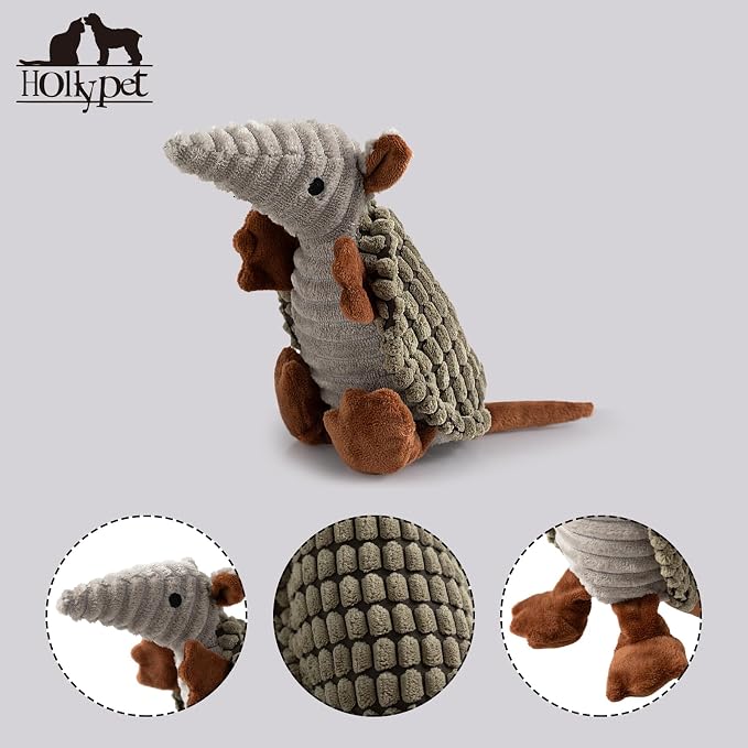 Hollypet Armadillo Squeaky Puppy Dog Toys for Small Medium Dogs, 8" | plush stuffed small dog squeak animal toy with unique grunt squeaker textured fabric for teeth cleaning toys