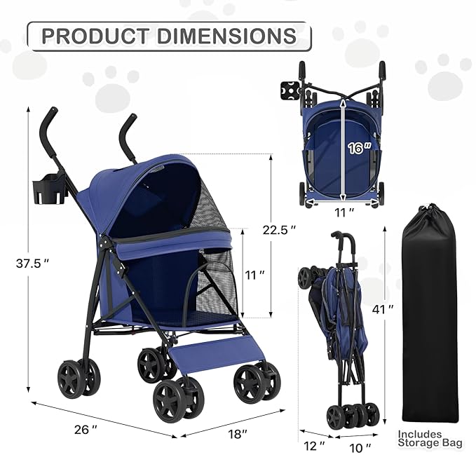 MoNiBloom 4-Wheel Foldable Pet Stroller - Navy Blue, up to 22lbs