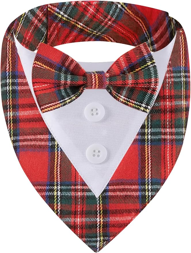 Adjustable Red Plaid Christmas Dog Tuxedo Bandana with Bow Tie, Medium, XS, Red