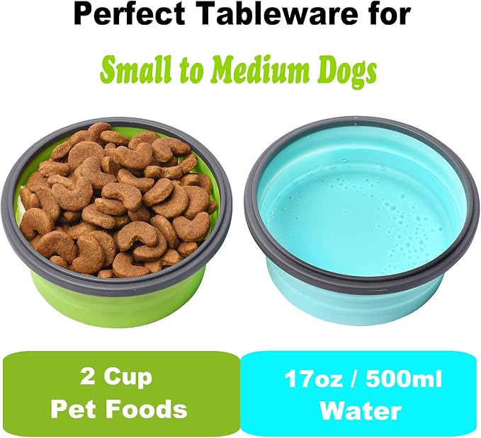 2-Pack Collapsible Silicone Travel Dog Bowls with Lids, 17oz/500ml
