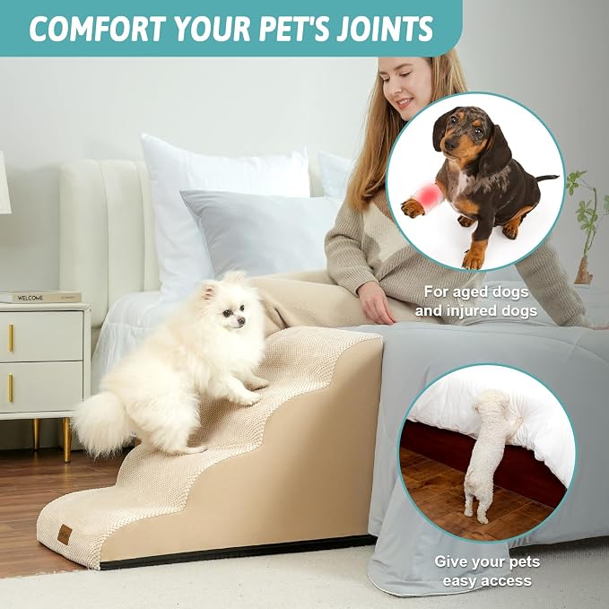COZY KISS Dog Stairs for Small Dogs 19.7" H, Curved Dog Step for Puppy, Older or Cat, Medium Pet Ramp for Sofa, Couch or Bed, Ladder with High Density Foam, 4 Step, 15.7x28.3x19.7 inch, Beige
