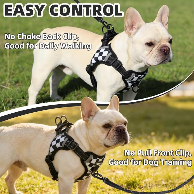 PUPTECK Dog Harness Small Sized Dog, Step in Adjustable Reflective Dog Vest Harness Escape Proof, No Pull Soft Padded Harness Easy Control, Checkered, M