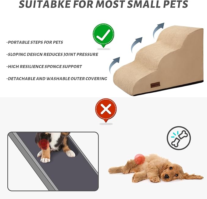 Aodisman 3-Step Dog Ramp and Stairs for Sofa and Chair - Non-Slip Sturdy Pet Steps for Small Dogs and Cats,15.7" H,Khaki