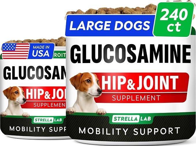 Glucosamine Treats for Dogs - Joint Supplement w/Omega-3 Fish Oil - Chondroitin, MSM - Advanced Mobility Chews - Joint Pain Relief - Hip & Joint Care - Peanut Butter Flavor - 240 Ct