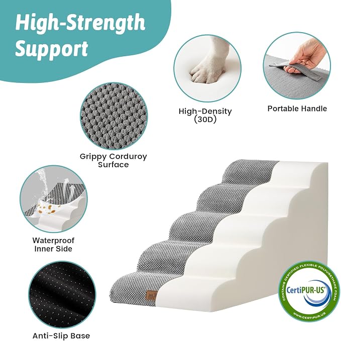 COZY KISS Dog Stairs for Small Dogs, 5 Step Pet Stairs for Beds & Couches | 19.7" H Curved Non-Slip Foam Dog Steps with Washable Cover for Puppies, Older Cats & Small Dogs, 15.7x33x19.7 in, Gray