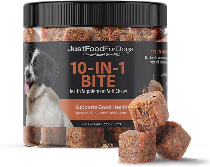 JustFoodForDogs 10-in-1 Supplement for Dogs, Dog Multivitamin Chews - 45 Ct | Human Grade Dog Supplement for Immune, Skin and Joint Health, Omega 3 for Dogs, Superfood Blend, Plant Based Dog Vitamins