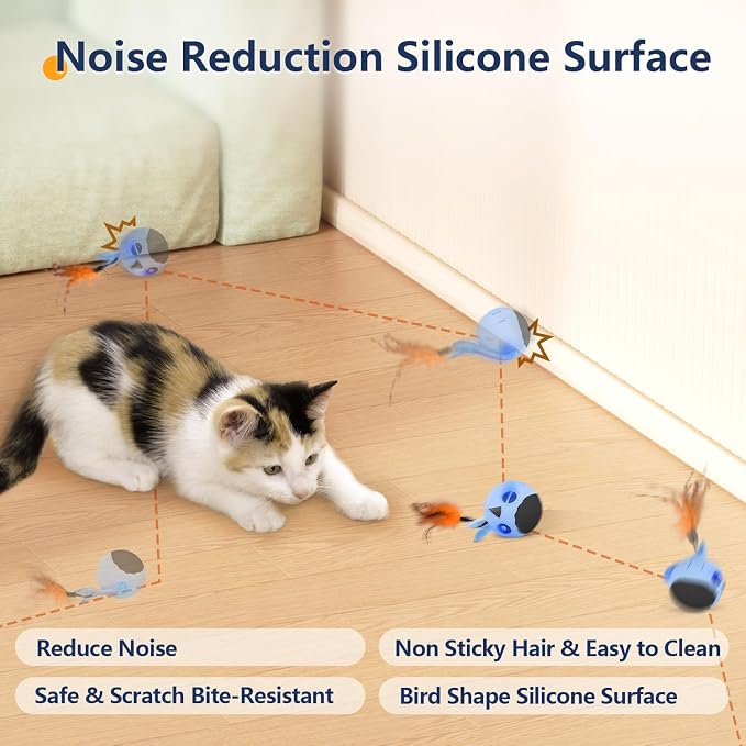 Cat Toys Ball, Smart Motion Sensor Moving Ball with 4 Sounds& 3 Speed Modes | Interactive Automatic Cat Toy for Indoor Cats,Fast Rolling Motion Activated Chirping Stimulating Light, 2 Feather Refill