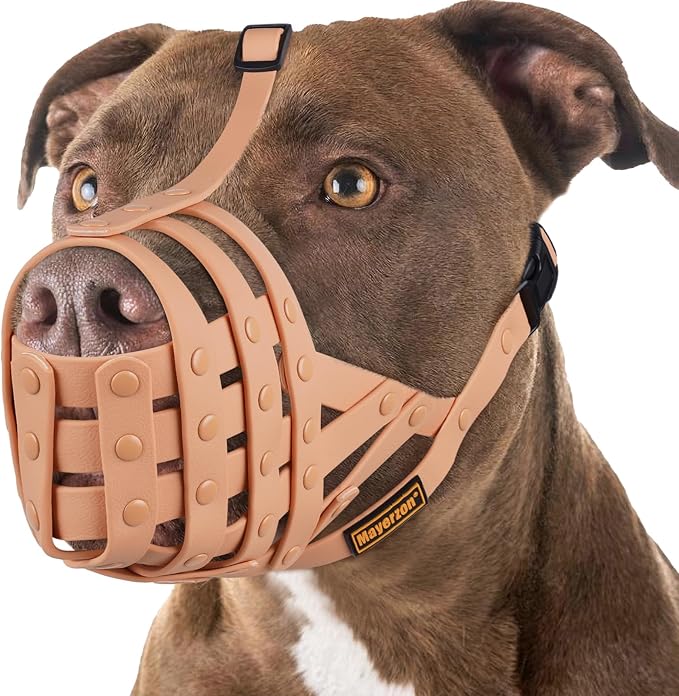 Pitbull Dog Muzzle for Large Medium Dogs Prevent Biting Scavenging | Fits Rottweiler Amstaff Broad-nosed Breed, Sturdy Breathable Basket, Training Walking Use, Allows to Drink | Apricot, L