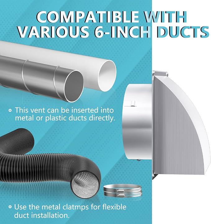 HG Power 6 Inch Dryer Vent Cover Outside with Removable Screen, Silver