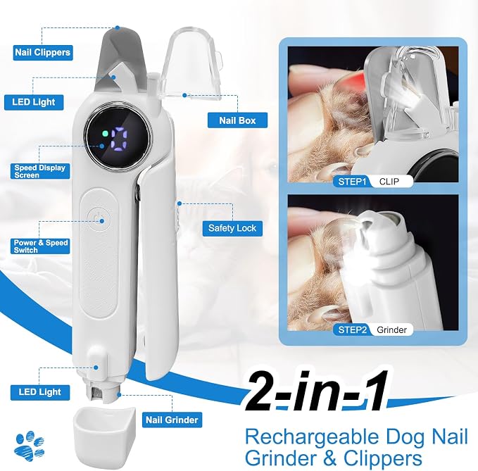 2-in-1 Dog Nail Clippers & Grinder, 3 Speeds - White