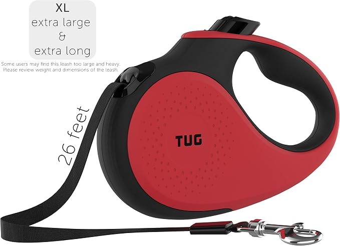 TUG XL Retractable Dog Leash, 26 ft (Extra Large, Red) | 360° Tangle-Free Retraction, 26 ft Tape, Quick Thumb Lock, Anti-Slip Handle, For Dogs Under 110 lbs