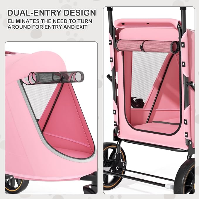 MoNiBloom 3-Wheel Pet Stroller for Large Dogs - Pink, up to 55lbs, Dual Entry