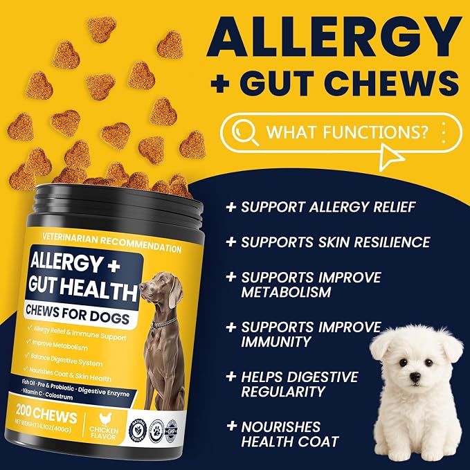 Dog Allergy Chews Probiotics for Dogs For Yeast 200ct, Itchy Skin and Itchy Ears Itch Relief Immune Pre Chews for Pet Digestive Gut Health Anti Itch for Itching and Licking / Dogs Yeast Supplement