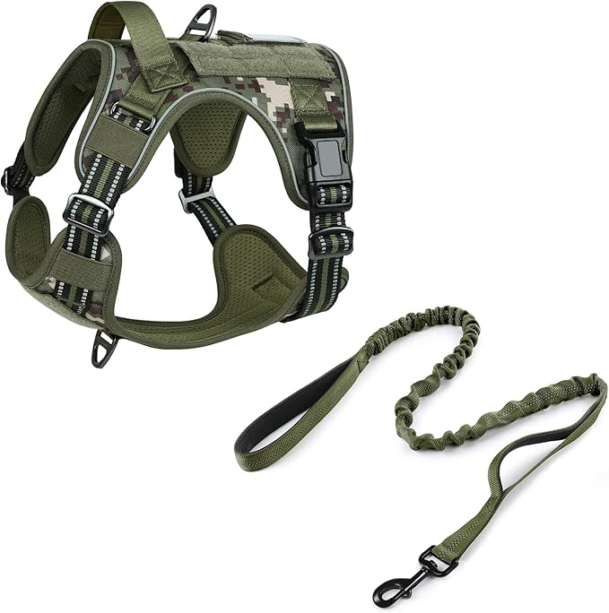 rabbitgoo Tactical Dog Harness and Leash for Large Dogs, No Pull Military Dog Harness with Handle & Molle, Easy Control Service Dog Vest Training Walking, Adjustable Reflective Tactical Pet Harness