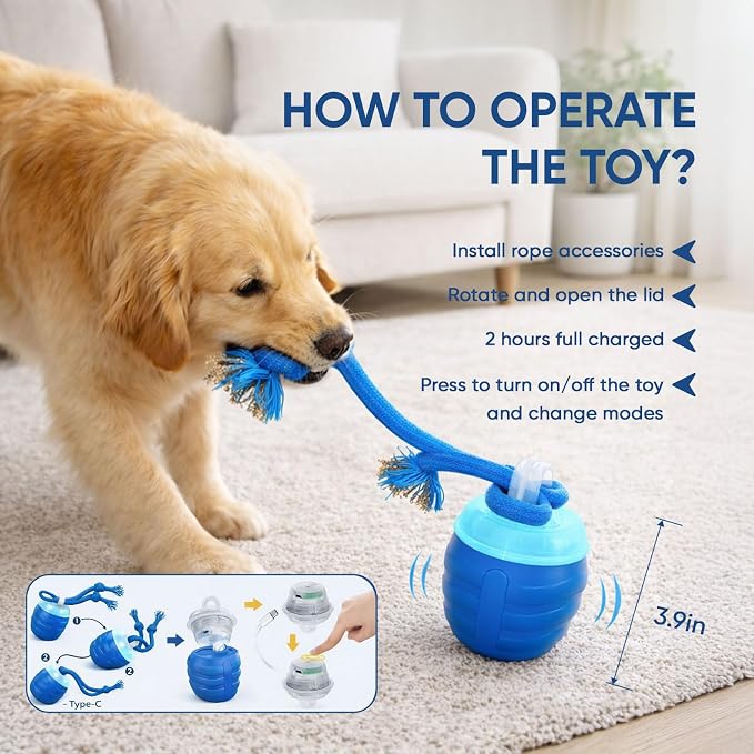 Interactive Dog Toys, Pelota Interactiva Inteligente para Perros, Motion Activated Automatic Rolling Ball for Dogs with Music (Blue)