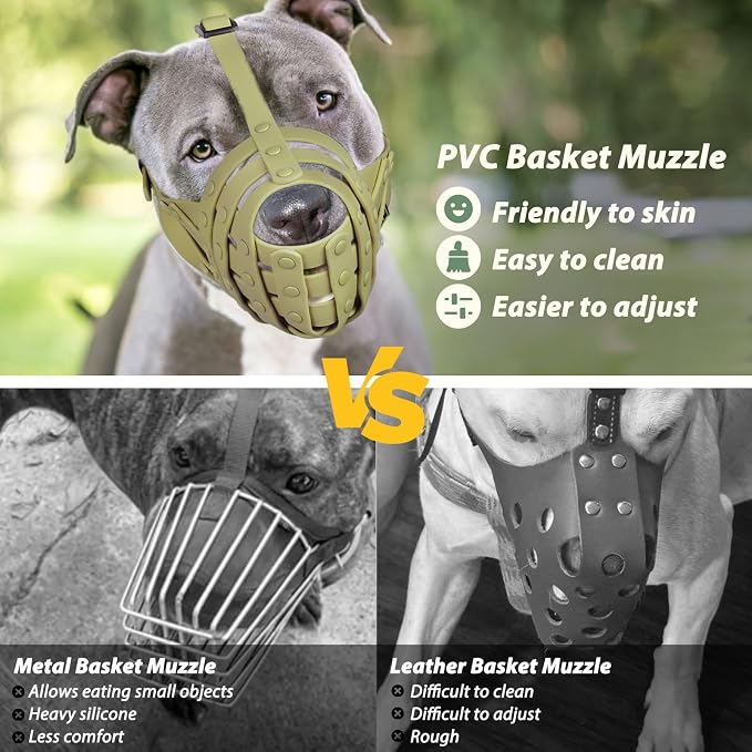 Pitbull Dog Muzzle for Large Medium Dogs Prevent Biting Scavenging | Fits Rottweiler Amstaff Broad-nosed Breed, Sturdy Breathable Basket, Training Walking Use, Allows to Drink | Green, L