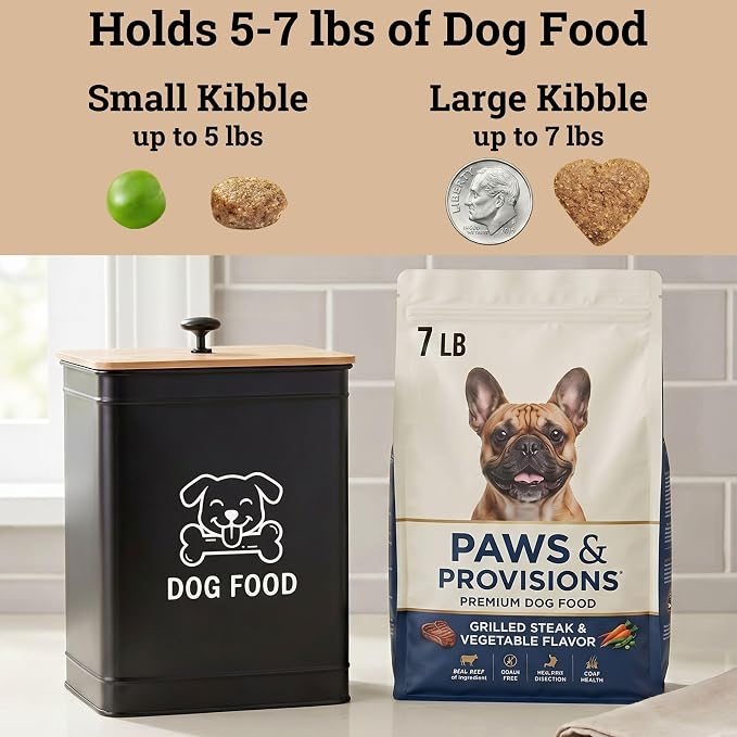 Metal Dog Food Container 5-7lb, 7lb, Bamboo, Black: Dog Face