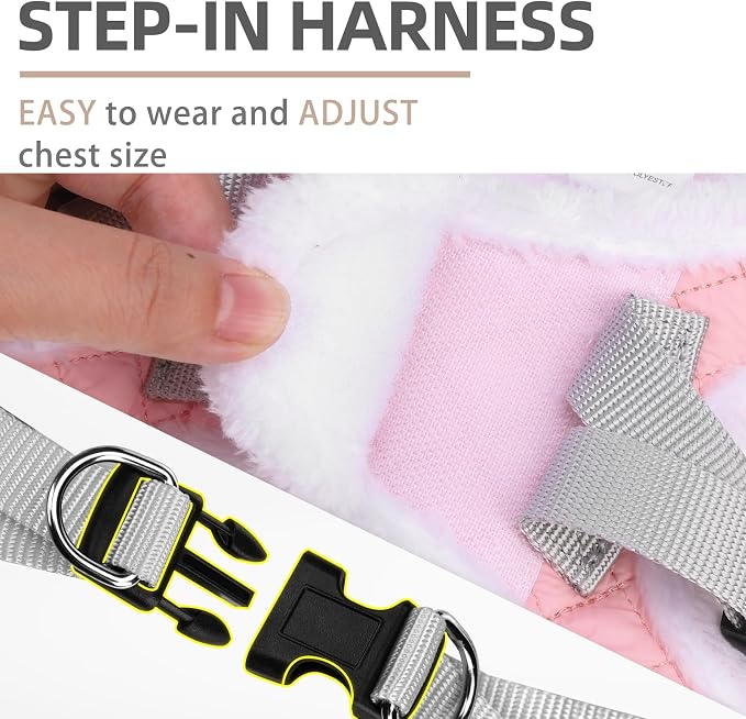 PUPTECK Plush Dog Harness and Leash Set for Small Medium Dogs No Pull Step-in Soft Mesh Puppy Cat Winter Vest Harnesses Reflective at Night Warm, Plush Pink, XS