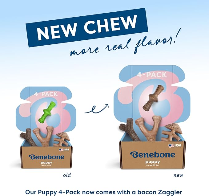 Benebone Puppy 4-Pack Dog Chew Toys for Gentle Chewers, Dog Bones, Small | Durable Made in USA, REAL Bacon, Jack Salmon & Maplewood Flavors, Puppy Teething Toys