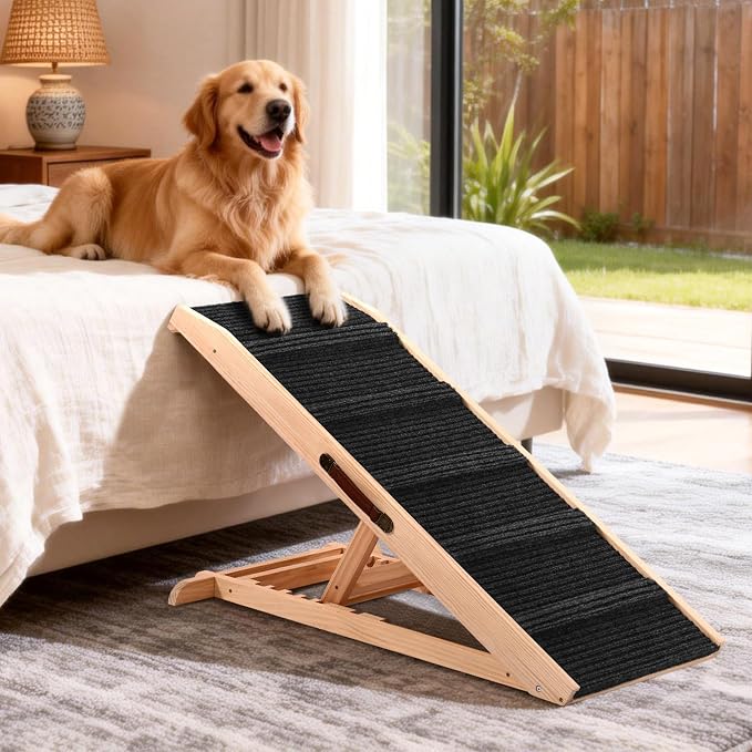43" Long Dog Ramp with Landing Platform for Bed, Couch & Car - 6 Level Adjustable Height (10.8" to 23.6"), Foldable Wooden Pet Ramp with Non-Slip Surface, for Small, Medium & Old Dogs Up to 140 LBS