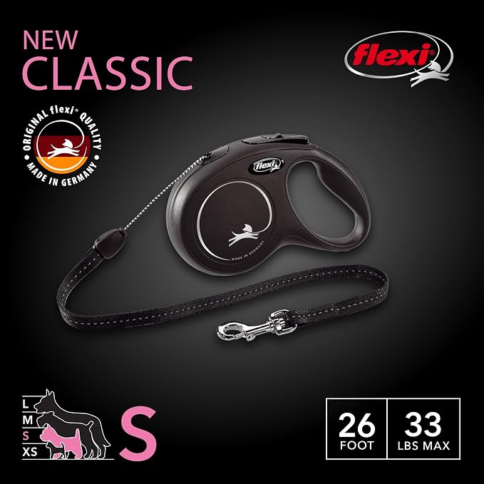 FLEXI® Classic Cord Retractable Dog Leash, Small, 26 ft - Black | German engineered, original flexi leash, durable quality for dogs up to 33 lbs, tangle-free, walking, reliable brake system