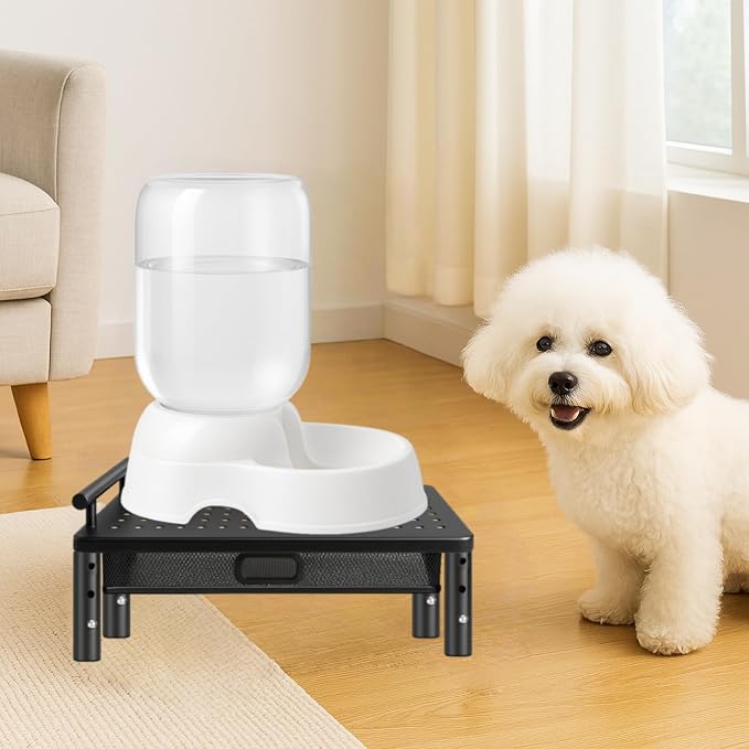 Dog Water Bowl Dispenser Stand with Storage Drawer & Metal Holder Compatible with Automatic, Small, Metal