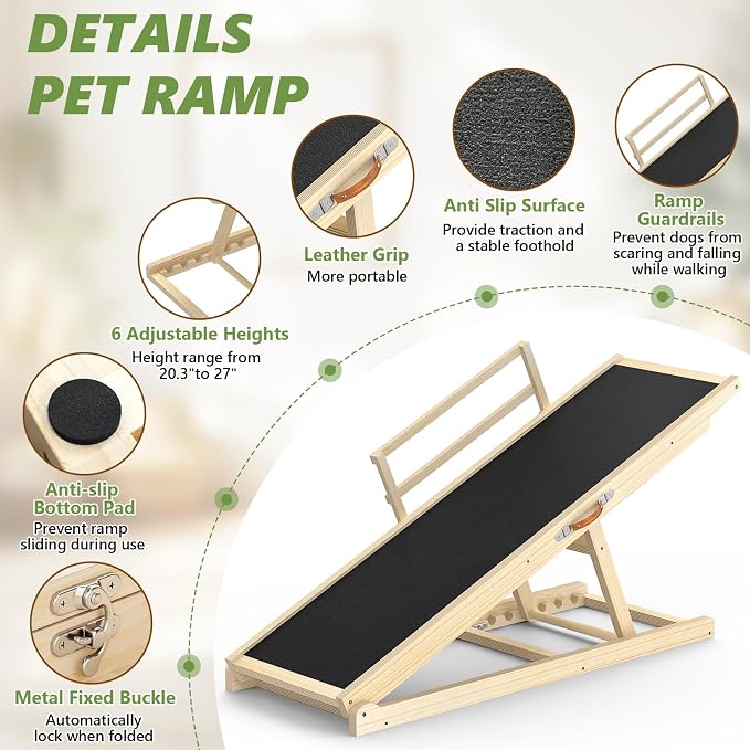 Dog Ramp for Bed, Sofa & Car, for Senior, Injured & Small to Large Dogs | 6 Height Settings (20.3"-27") , Non-Slip Carpet Surface , Solid Wood 200LB Capacity, Foldable with Side Safety Rails
