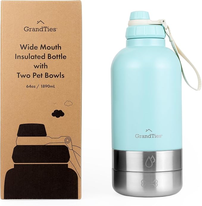 GrandTies Insulated Portable Dog Water Bottle with 2 Detachable Bowls, 64oz, Powder Green