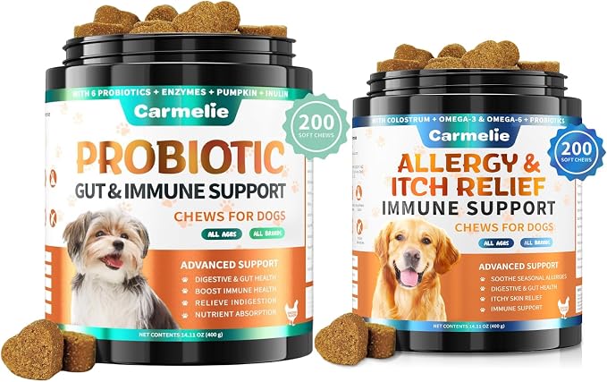 Dog Allergy Relief + Carmelie Probiotics for Dogs – 400 Soft Chews, Itchy Skin & Paw Licking Relief, Digestive Health, Immune Support, Seasonal Allergies, Chicken Flavor
