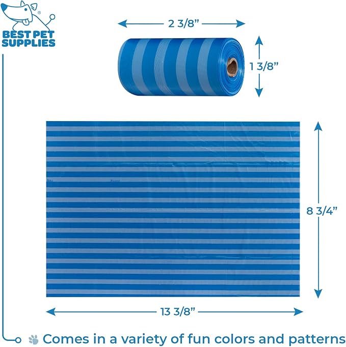 Best Pet Supplies Dog Poop Bags (360 Bags) for Waste Refuse Cleanup, Doggy Roll Replacements for Outdoor Puppy Walking and Travel, Leak Proof and Tear Resistant, Thick Plastic - Blue Strips