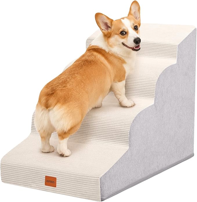 Dog Stairs for Small Dogs,19.7" H,4-Step Curved Pet Ramp for Bed Couch Sofa and Chair,Non-Slip Pet Steps for Injured & Senior Pets with Washable Cover and Durable High Density Foam,Beige