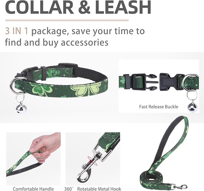 PUPTECK Adjustable Dog Harness Collar and Leash Set Step in No Pull Pet Harness for Small Medium Dogs Puppy and Cats Outdoor Walking Running, Soft Mesh Padded Reflective Vest St. Patrick's Harnesses