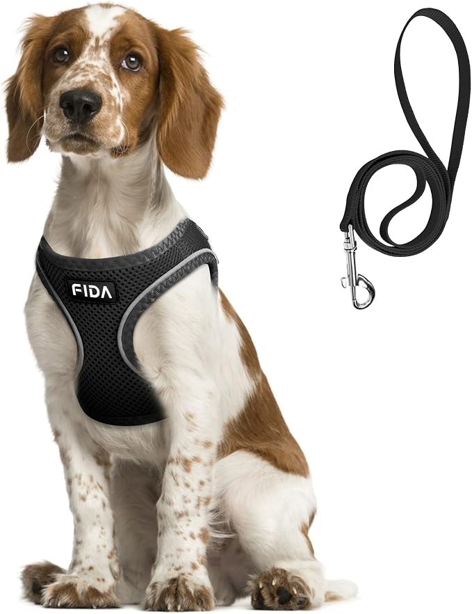 Fida Comfy Dog Harness with Leash, Soft Puppy Vest Escape Proof, Breathable Lightweight Soft Mesh, Adjustable Reflective Step-in Harness for Medium & Large Pet Walking (XL, Black)