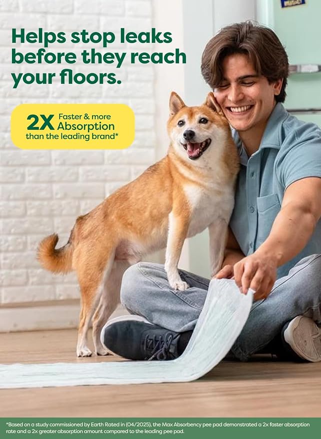 Earth Rated Puppy Pads, Max Absorbency Pee Pads for Dogs, Absorbs 2X Faster & 2X More, Leak Prevention, Potty Training, Fragrance-Free, Unscented, Regular [L], 22” x 23”, 40 Count