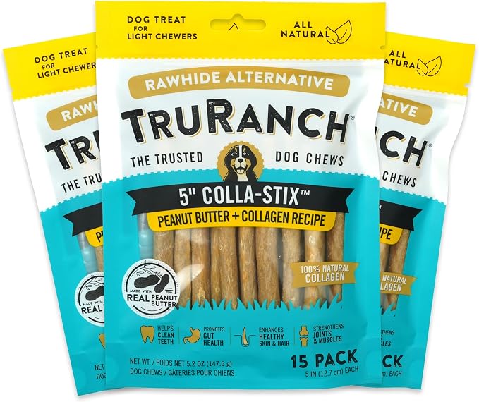 TRURANCH Collagen Sticks - 5" Collagen Sticks for Dogs - Long Lasting Healthy Joint Support - Rawhide Alternative - Skin & Coat Health - Made with Real Peanut Butter, Value Pack, 3 Bags, 45 Count