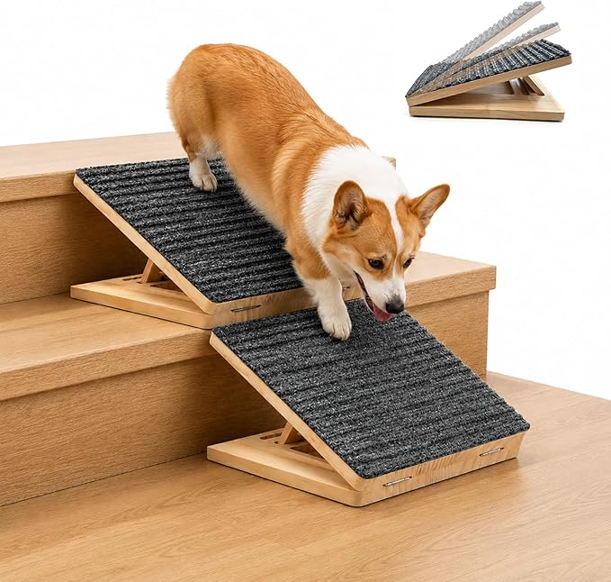 2 Pack Dog Ramp for Stairs - Solid Wood Adjustable & Foldable Pet Ramps, 3 Heights, Non-Slip Silicone Base & Traction Felt, 100lb Capacity, Indoor Stairs & Porch