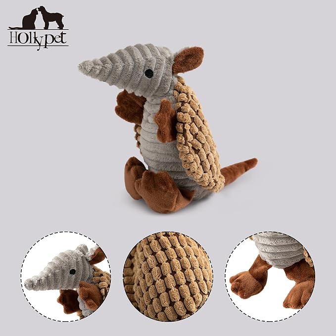 Hollypet Armadillo Squeaky Puppy Dog Toys for Small Medium Dogs, 8" | plush stuffed small dog squeak animal toy with unique grunt squeaker textured fabric for teeth cleaning toys