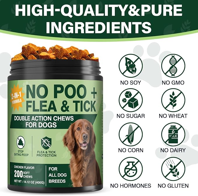 200 Chews Flea and Tick Prevention Chews-No Poo Chew for Dogs-2 in 1 Control Coprophagia & Flea Tick Supplement-Natural Soft Treats Deterrent Eat Poop with Digestive Enzymes Probiotics-Chicken