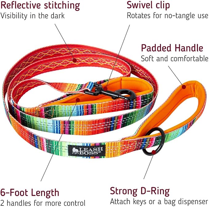 Leash Boss Chain Martingale Patterned Reflective Collar and 6 Ft Double Handle Leash with Padded Handles, Large Collar 19-24.5" Neck, Orange Blanket Pattern