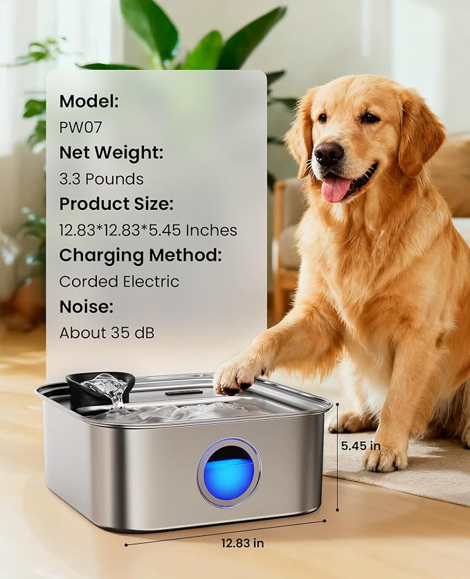 oneisall Dog Water Fountain for Large Dogs, 10L/2.6Gal Stainless Steel Automatic Dog Water Bowl Dispenser with Deeper, Wider Drinking Area, Water Window & Triple Filtration for Large Dogs & Multi-Pet