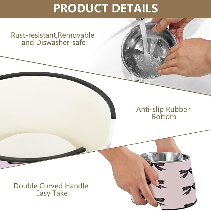 Blueangle Elevated Dog Bowls with Stainless Steel - Non-Slip 2.3 Cup High Capacity Pet Dish for Spinal Health & Black Bows Design（281）