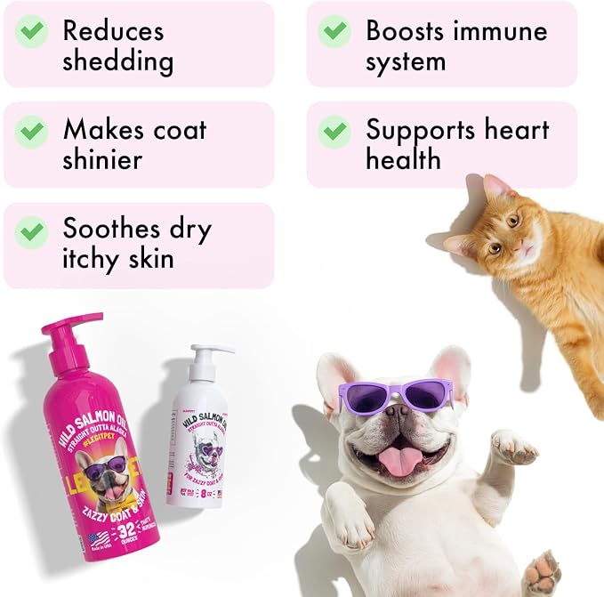 Wild Alaskan Salmon Oil for Dogs & Cats - Pure Fish Omega 3 6 9 Liquid EPA DHA Fatty Acids - Skin & Coat Supplement - Supports Joint Function, Brain, Eye, Immune & Heart Health - Made in USA 8 oz