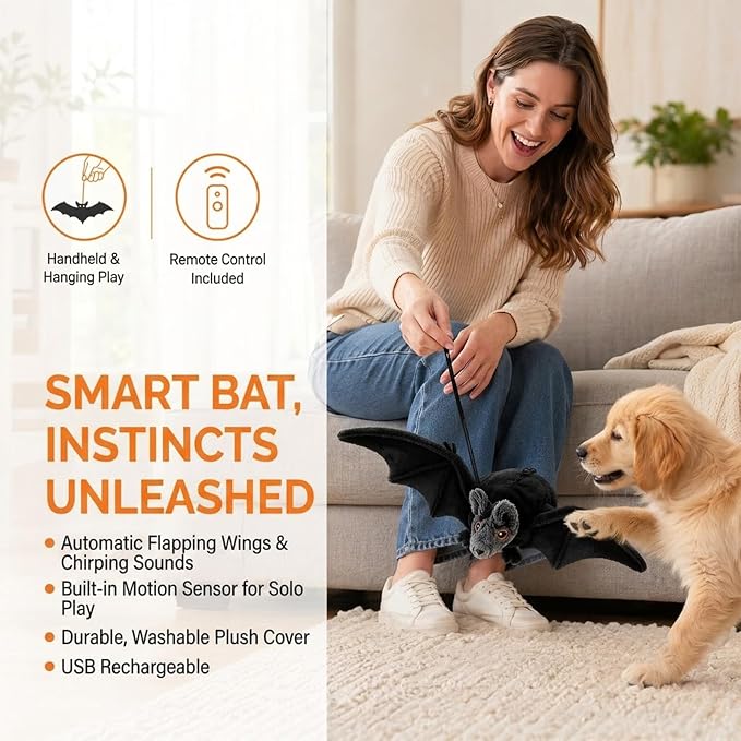 Interactive Flying Bat Dog Toy, Flapping Wings Cute Bat for Indoor Cats & Dogs, Automatic Flapping Wings with Chirping Sounds, Touch Activated, Rechargeable for Solo Play，Manual+Remote