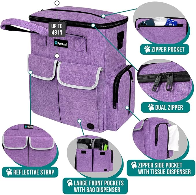 PetAmi Dog Travel Bag Organizer with Food Containers & Bowls, Purple