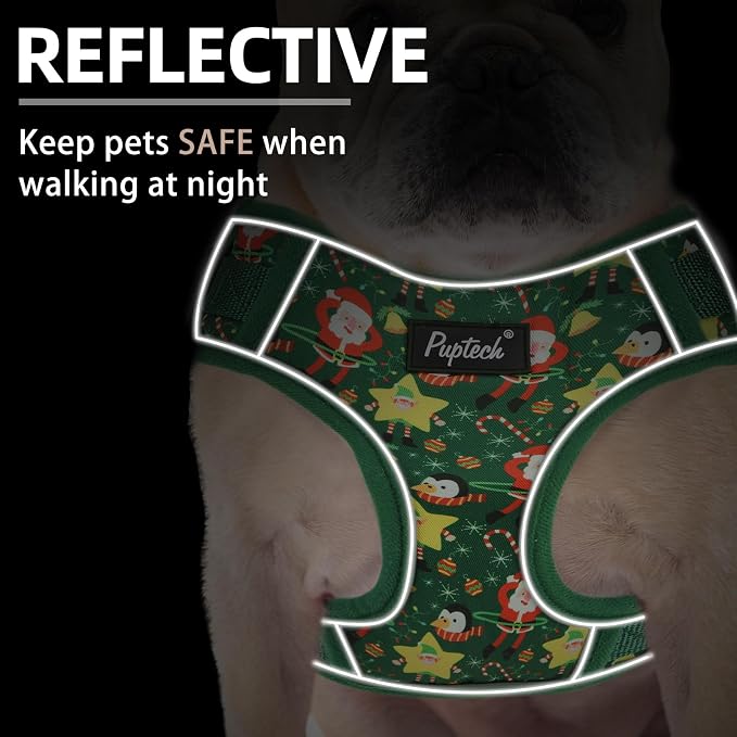 PUPTECK Christmas Small Dog Harness and Leash Set, No Pull Adjustable Puppy Cat Harness, Reflective Soft Mesh Pet Vest Small Sized, Santa Claus, S
